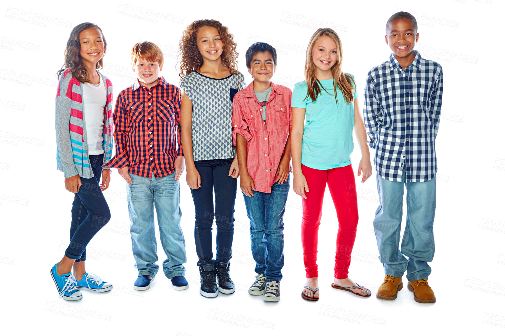 Buy stock photo Studio portrait of a group of young friends posing against a white background