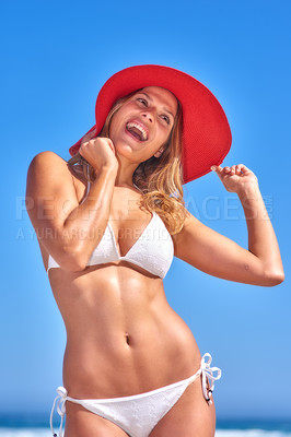 Buy stock photo A beautiful, young woman relaxing at the beach