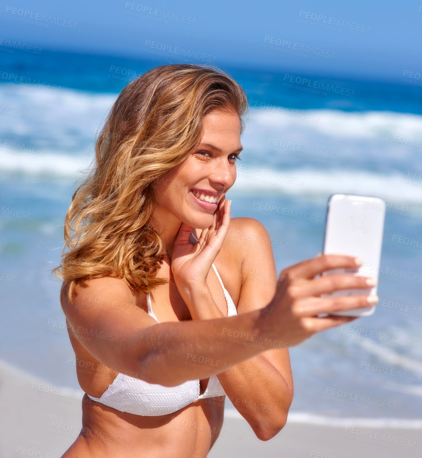 Buy stock photo Woman, happy and selfie on beach for travel, holiday and vacation in summer. Influencer, sunshine and smile for photography with bikini, social media or resort review on coast in Mauritius for luxury