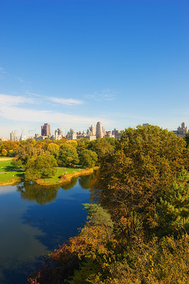 Buy stock photo Park, lake and trees in New York for nature, landscape and natural background outdoors. Travel, city and aerial of forest, woods and water for environment, ecosystem and scenic view for adventure