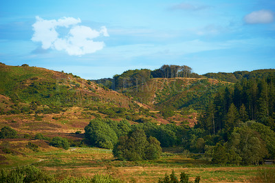 Buy stock photo Hills with green grass, trees and plants on a cloudy summer day. Beautiful landscape and scenery of nature. Outdoors in an adventurous location to hike and explore. Mountain range with a scenic view