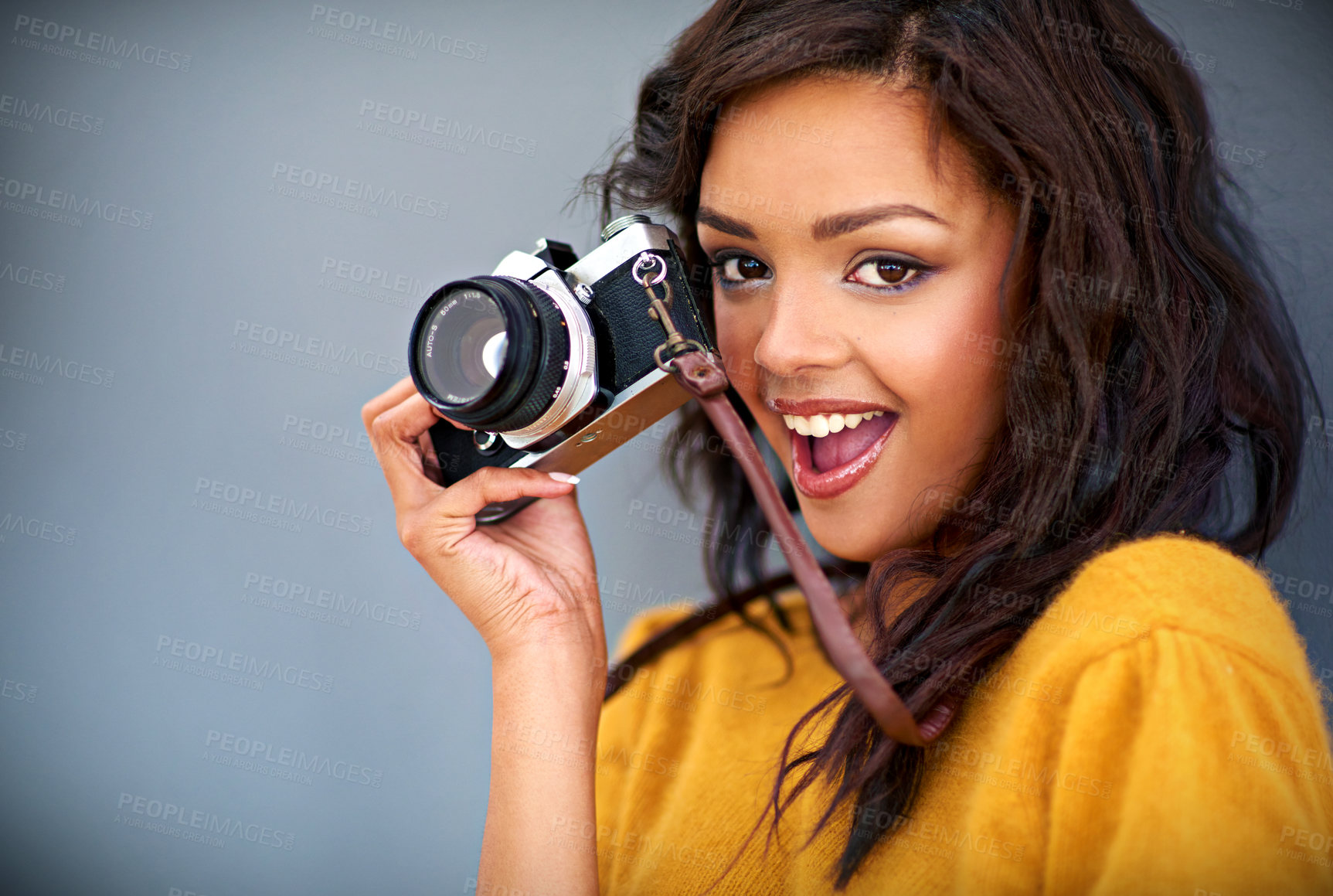 Buy stock photo Portrait, excited and woman with retro camera by studio background for shooting photo, image or picture. Mockup space, female photographer for creative memory, lens and focus with vintage equipment
