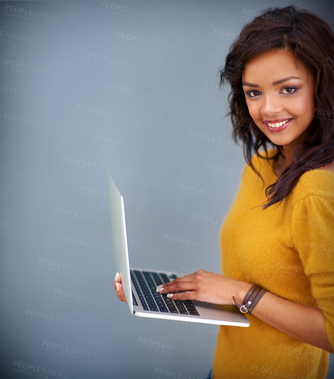 Buy stock photo Studio, mockup and portrait of woman with laptop for scroll, typing email and web information. Backdrop, content writer and computer for digital search, connection or technology by gray background