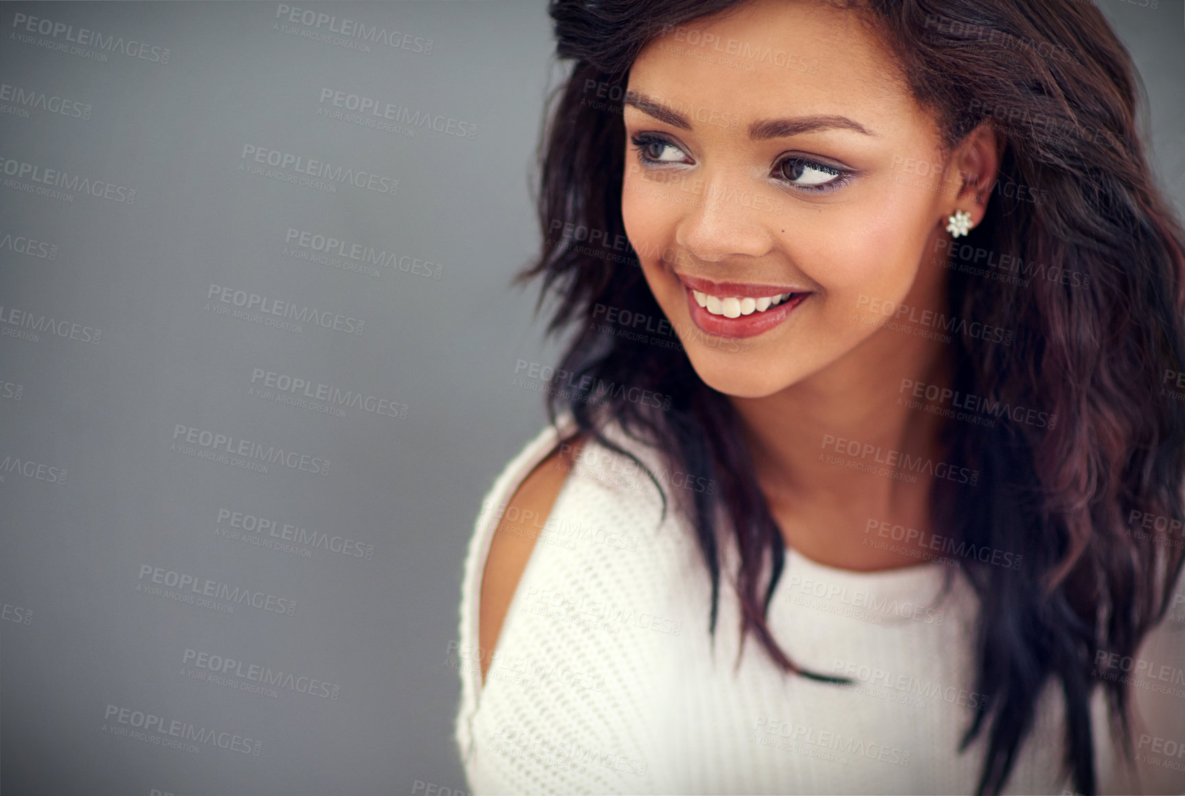 Buy stock photo Smile, thinking and black woman with ideas, fashion and confidence on grey studio background. African person, girl and model with choice, happy and stylish clothes with decision, question or planning