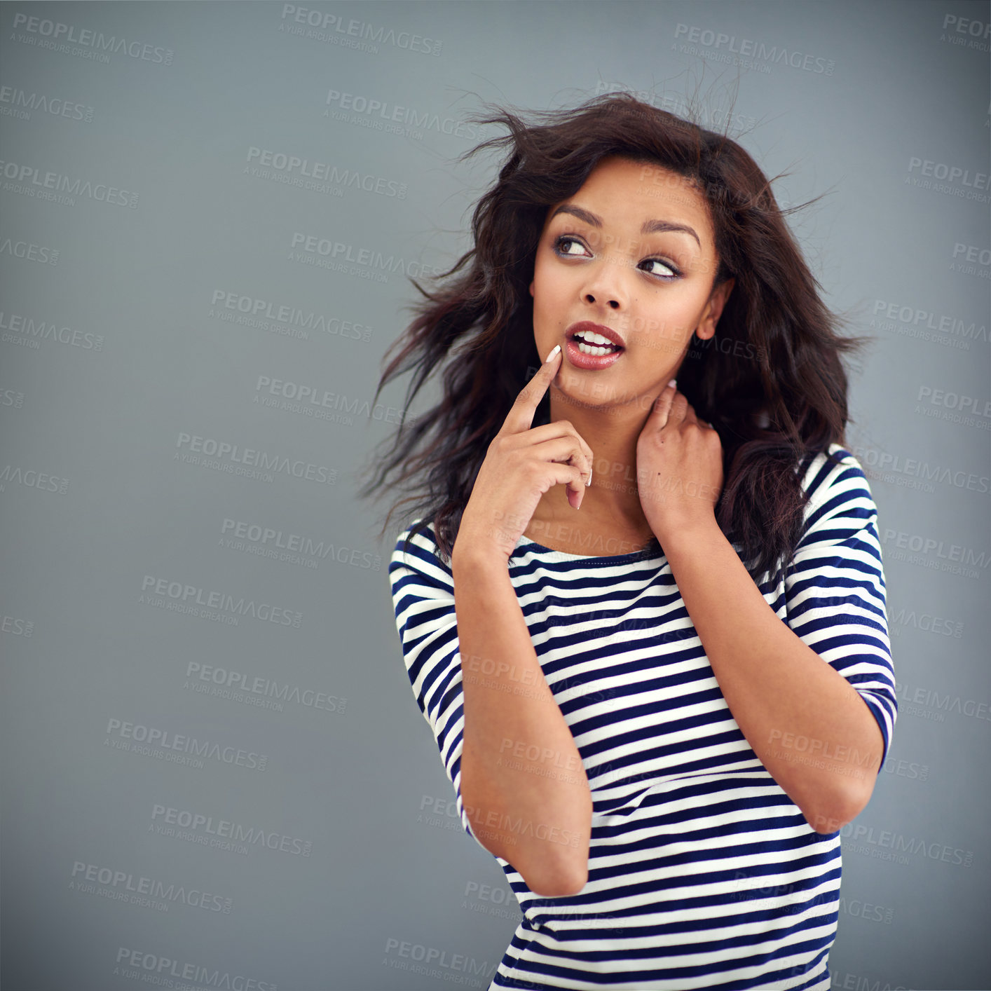 Buy stock photo Questions, thinking or black woman with ideas, decision or planning on grey studio background. African person, girl or model with doubt, fashion or stylish clothes with confidence, confused or choice