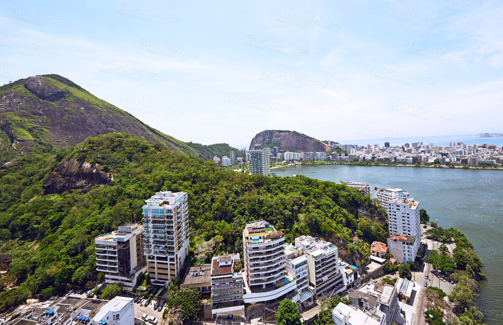 Buy stock photo Aerial view, nature and buildings in city, mountain and architecture in Brazil, tourism and destination. Location, above and travel in Rio De Janeiro, water and outdoor for vacation and explore