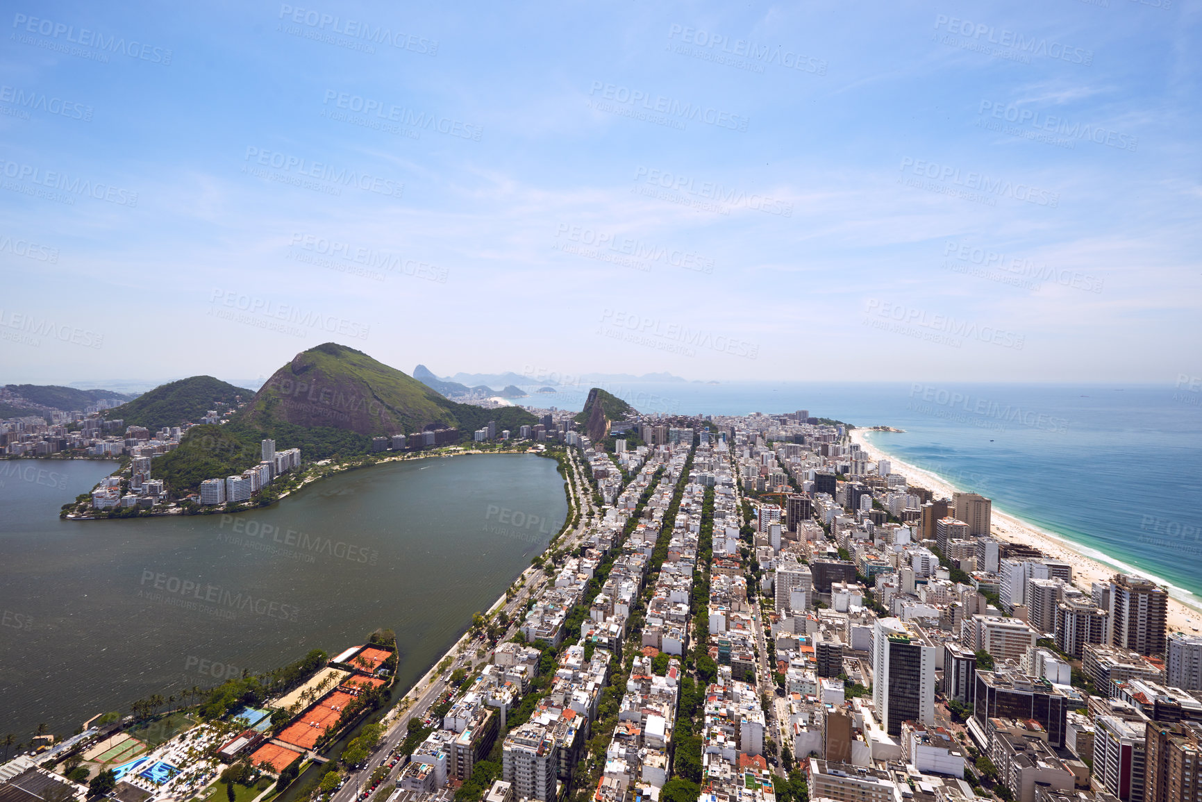 Buy stock photo Aerial view, travel and buildings in city, mountain and architecture in Brazil, tourism and destination. Location, above and nature in Rio De Janeiro, water and outdoor for vacation and explore