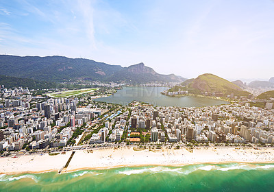 Buy stock photo Aerial view, beach and buildings in city, mountain and architecture in Brazil, tourism and destination. Location, above and travel in Rio De Janeiro, water and outdoor for vacation and explore