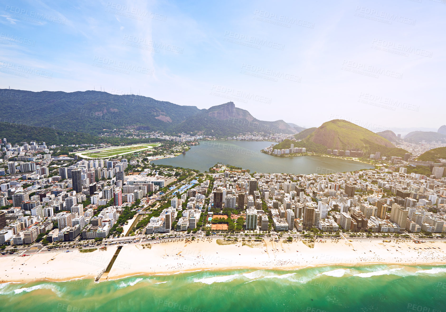 Buy stock photo Aerial view, beach and buildings in city, mountain and architecture in Brazil, tourism and destination. Location, above and travel in Rio De Janeiro, water and outdoor for vacation and explore