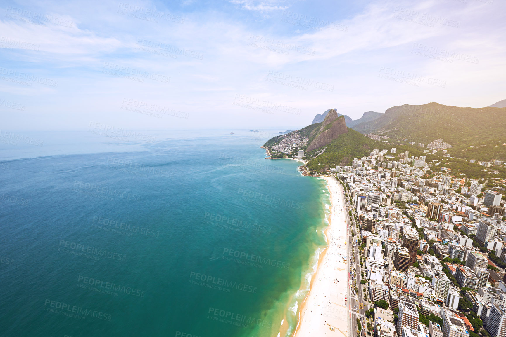 Buy stock photo Mountains, ocean or island with cloudy sky by city, destination and travel location of Rio De Janeiro in Brazil. Nature, landscape and beach with seaside, coastline and buildings in urban environment