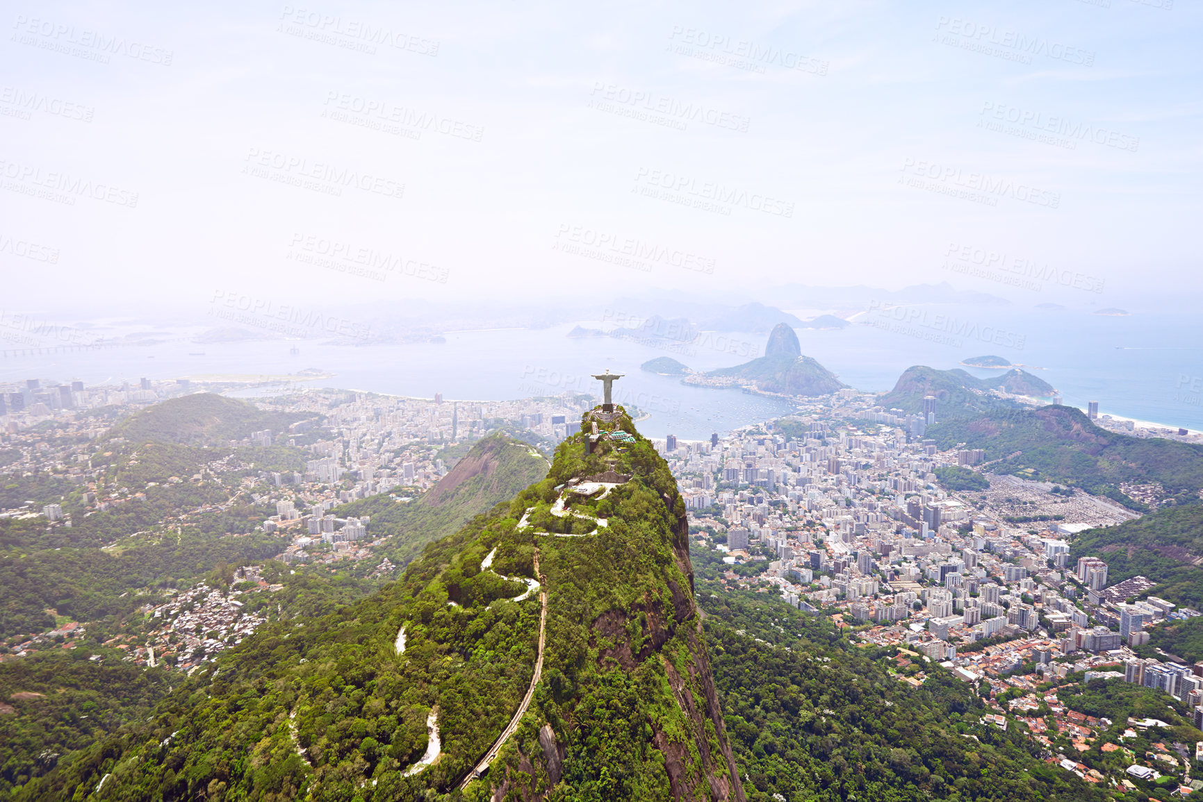 Buy stock photo Aerial view, location and buildings in city, mountain and architecture in Brazil, tourism and destination. Morning, above and travel in Rio De Janeiro, water and outdoor for vacation and explore