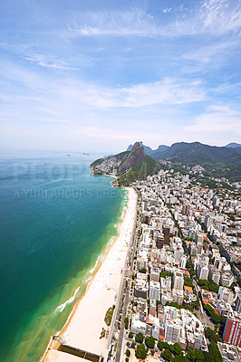 Buy stock photo Aerial view, location and buildings in city, beach and architecture in Brazil, tourism and destination. Mountain, above and travel in Rio De Janeiro, water and outdoor for vacation and explore