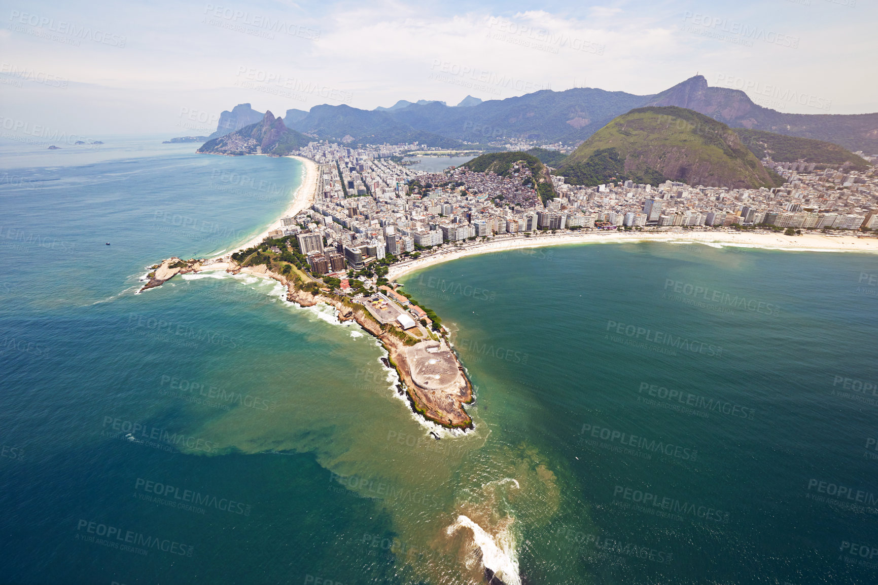 Buy stock photo Aerial view, ocean and buildings in city, travel and architecture in Brazil, tourism and destination. Morning, above and outdoorl in Rio De Janeiro, water and explore in vacation and mountain in sea