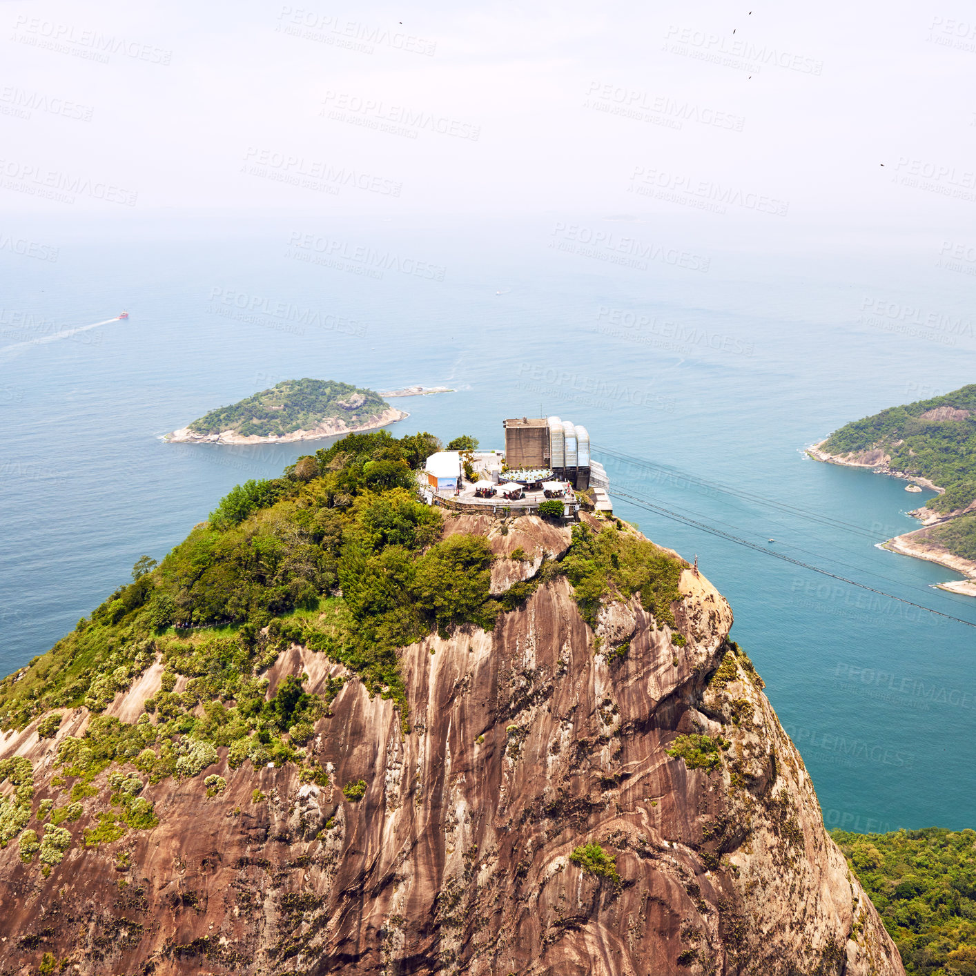 Buy stock photo Aerial view, Brazil and nature with mountain, water and outdoor with adventure, Rio De Janeiro and journey. Ocean, outside and empty with sky, clouds and vacation with travelling, seaside and tourism