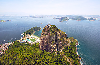 Buy stock photo Brazil, aerial view and drone landscape with mountain, holiday location by ocean for adventure travel. Nature, Rio de Janeiro and natural beauty by sea with sunshine, outdoor vacation for wallpaper