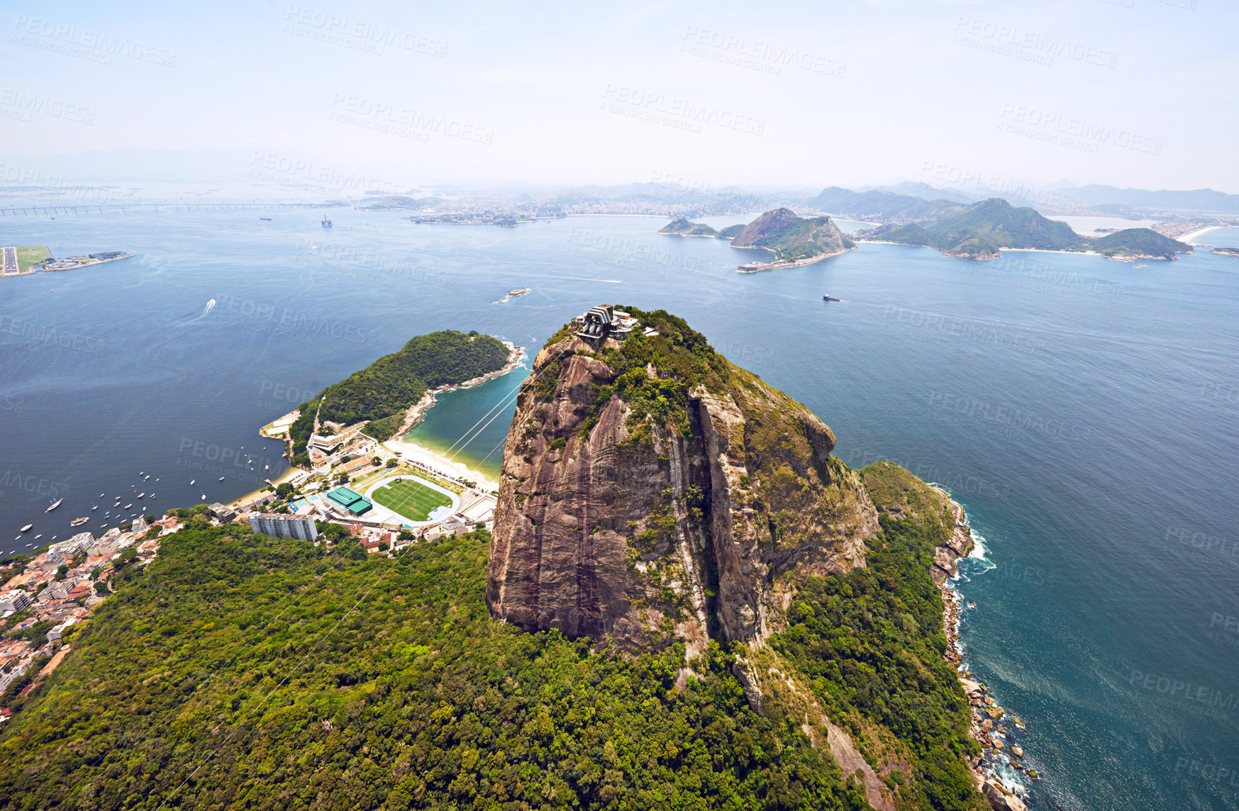 Buy stock photo Brazil, aerial view and drone landscape with mountain, holiday location by ocean for adventure travel. Nature, Rio de Janeiro and natural beauty by sea with sunshine, outdoor vacation for wallpaper