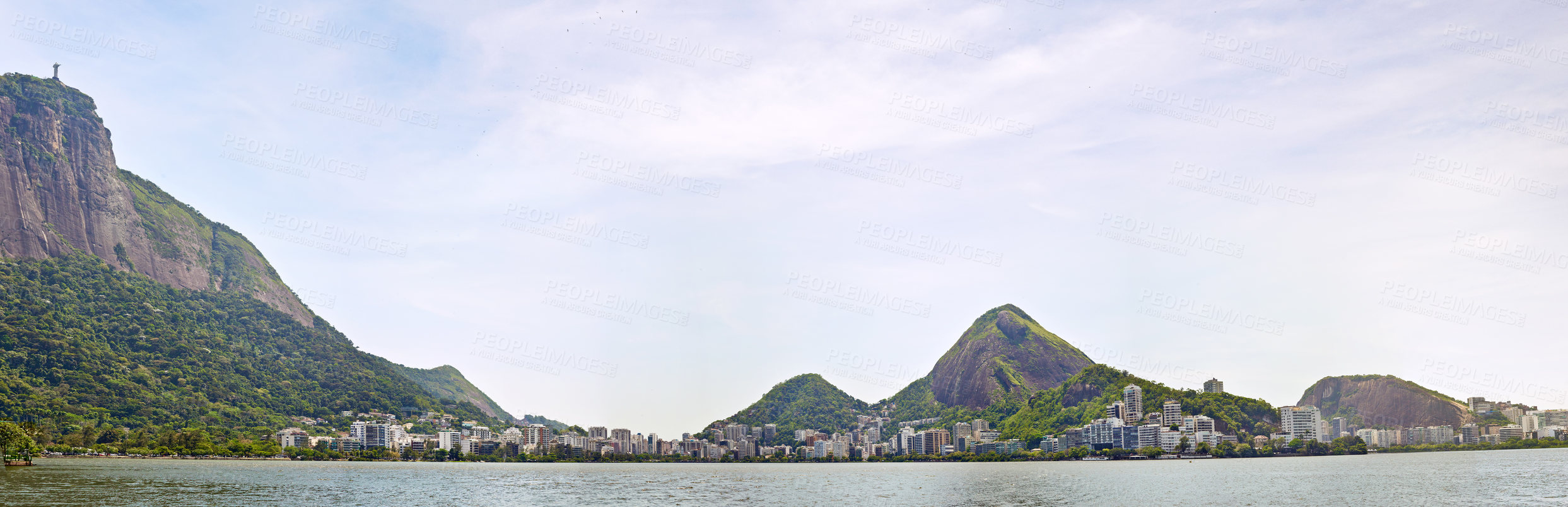 Buy stock photo Aerial view, panorama and buildings in city, mountain and architecture in Brazil, tourism and destination. Location, above and travel in Rio De Janeiro, water and outdoor for vacation and explore