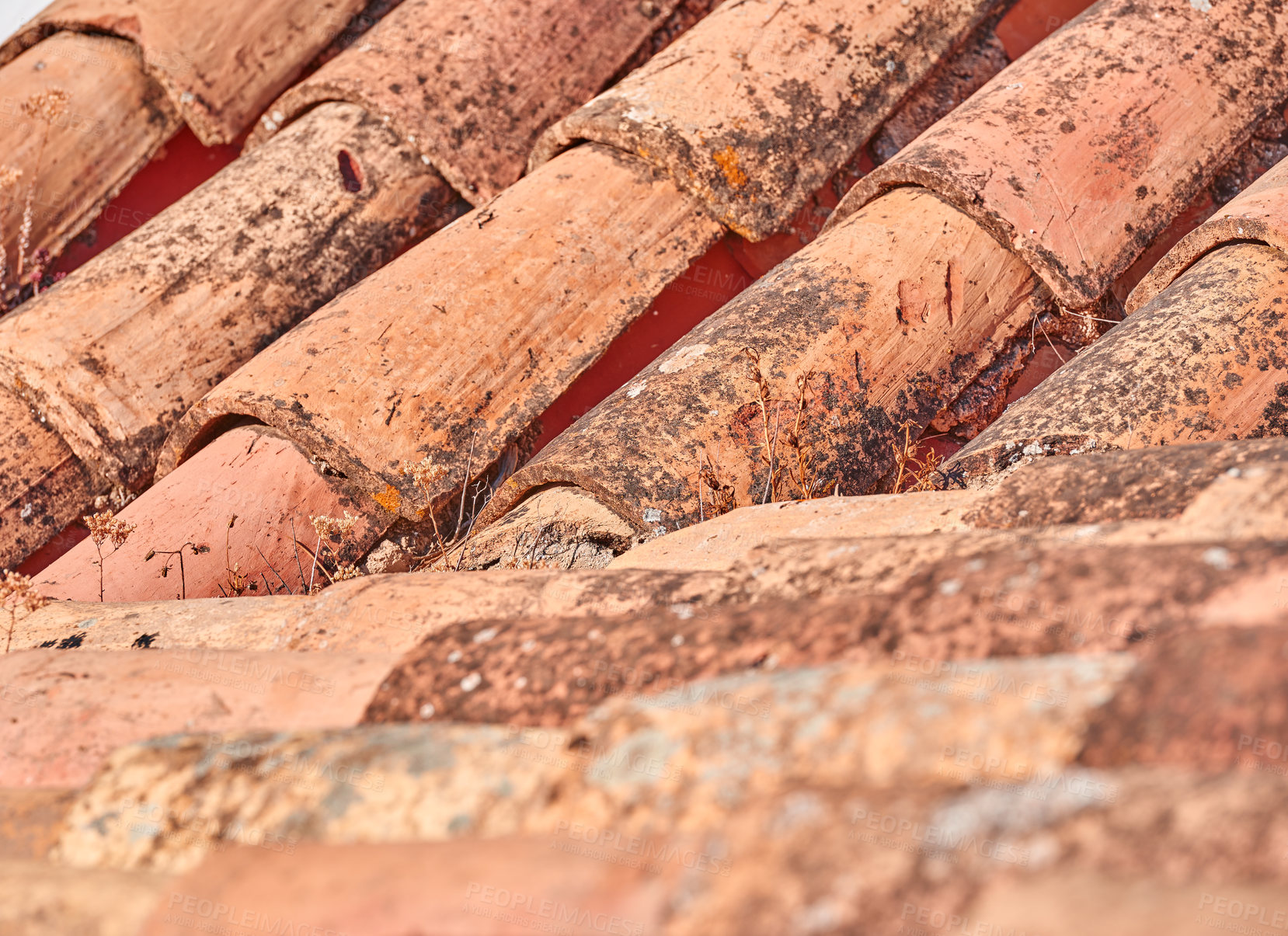 Buy stock photo Building, roof and tiles with texture, architecture and material for durability with aesthetic. Culture, heritage and terracotta with sustainability, insulation or eco friendly clay rooftop in Spain