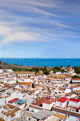 Buy stock photo Panoramic, view and village with architecture, skyline and coastal town in Spain with house and sea. Development, holiday and vacation destination with summer in Europe with mockup and travel on trip