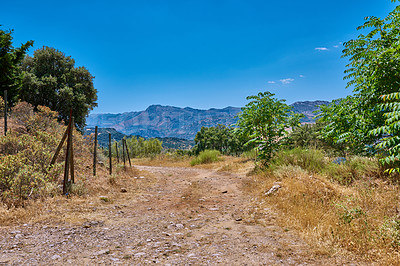 Buy stock photo Nature, landscape and path on mountain in Spain for environment, travel and scenic destination. Natural background, wallpaper and trees, walkway and trail in countryside, outdoors and terrain