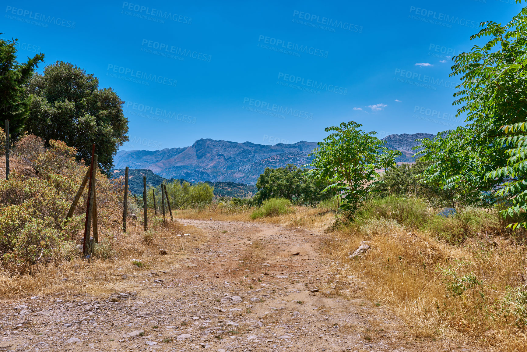 Buy stock photo Nature, landscape and path on mountain in Spain for environment, travel and scenic destination. Natural background, wallpaper and trees, walkway and trail in countryside, outdoors and terrain