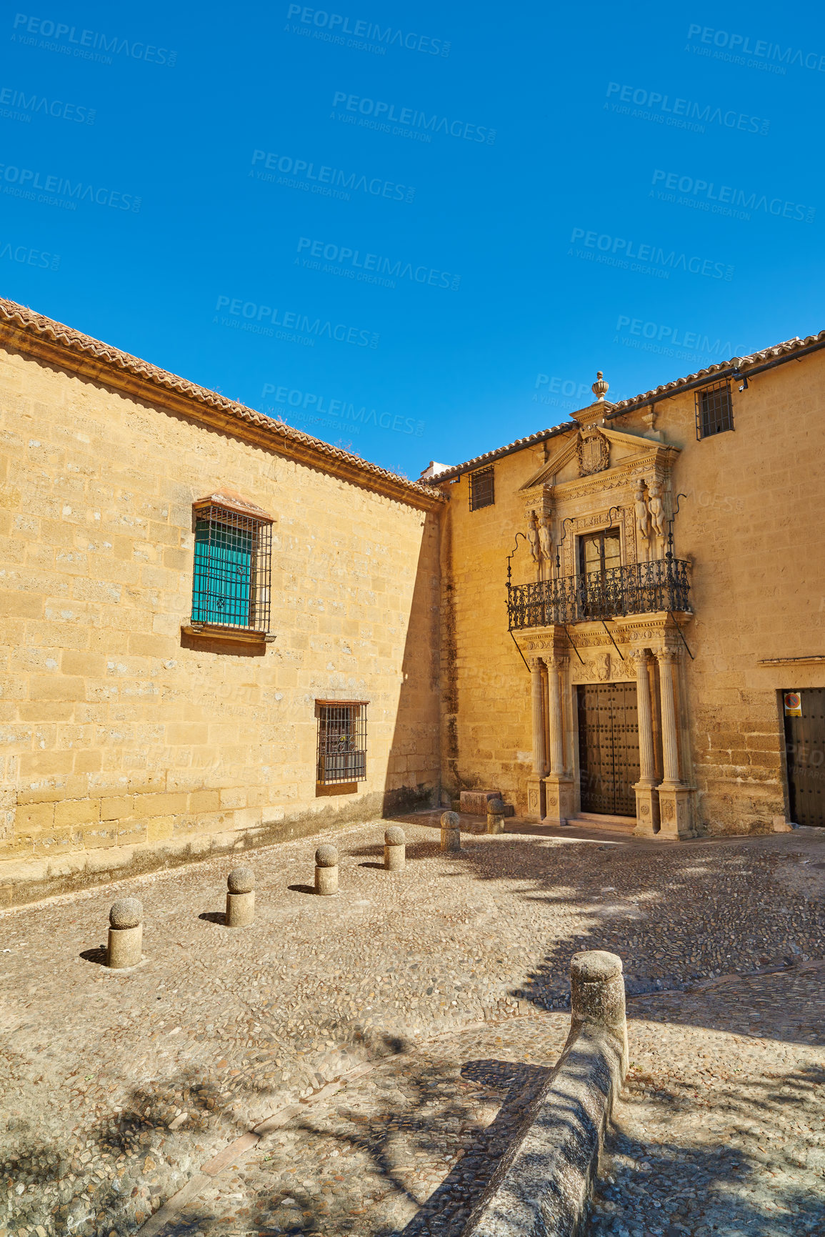 Buy stock photo Architecture, vintage and building in city of Spain for tourism, adventure and travel destination. Background, heritage and ancient, old and antique town for culture, design and infrastructure