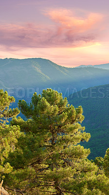 Buy stock photo Nature, landscape and sunset on mountain in Spain for environment, travel and scenic destination. Natural background, wallpaper and hills, sky and sunshine in countryside, outdoors and terrain