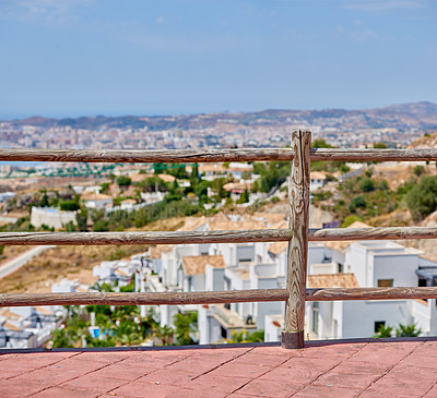 Buy stock photo Panoramic, view point and city with architecture, skyline and coastal town in Spain with houses and sea. Development, holiday and vacation destination with marina in Europe with village and travel