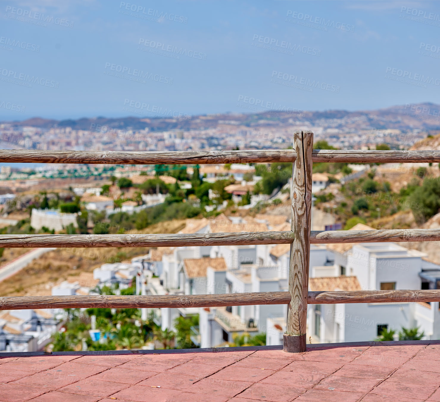 Buy stock photo Panoramic, view point and city with architecture, skyline and coastal town in Spain with houses and sea. Development, holiday and vacation destination with marina in Europe with village and travel