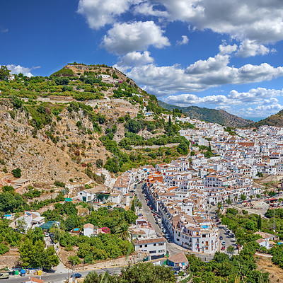 Buy stock photo Panoramic, view and mountain with architecture, skyline and coastal town in Spain with houses and hill. Development, holiday and vacation destination in Europe with village and travel on trip