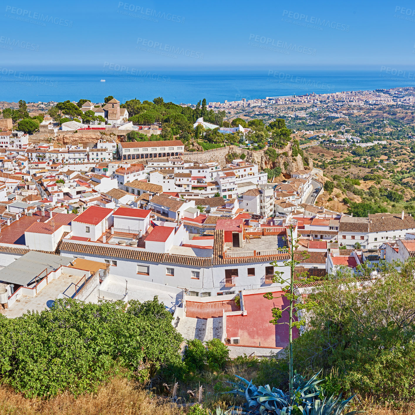 Buy stock photo Mountain, buildings and city in Spain by sea with urban structures, houses and property by ocean. Cityscape, architecture and landscape of town for adventure, travel destination and tourism in nature