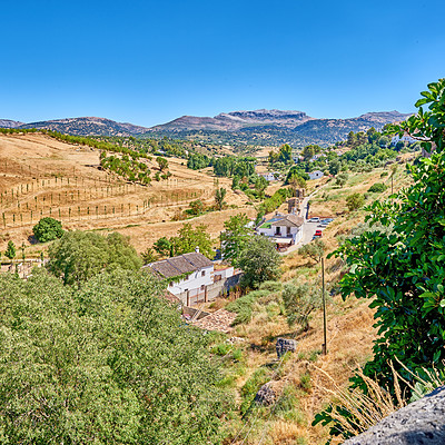 Buy stock photo Mountain, buildings and aerial of city in Spain with ancient structures, houses and property. Cityscape, architecture and landscape of town for adventure, travel destination and tourism in nature