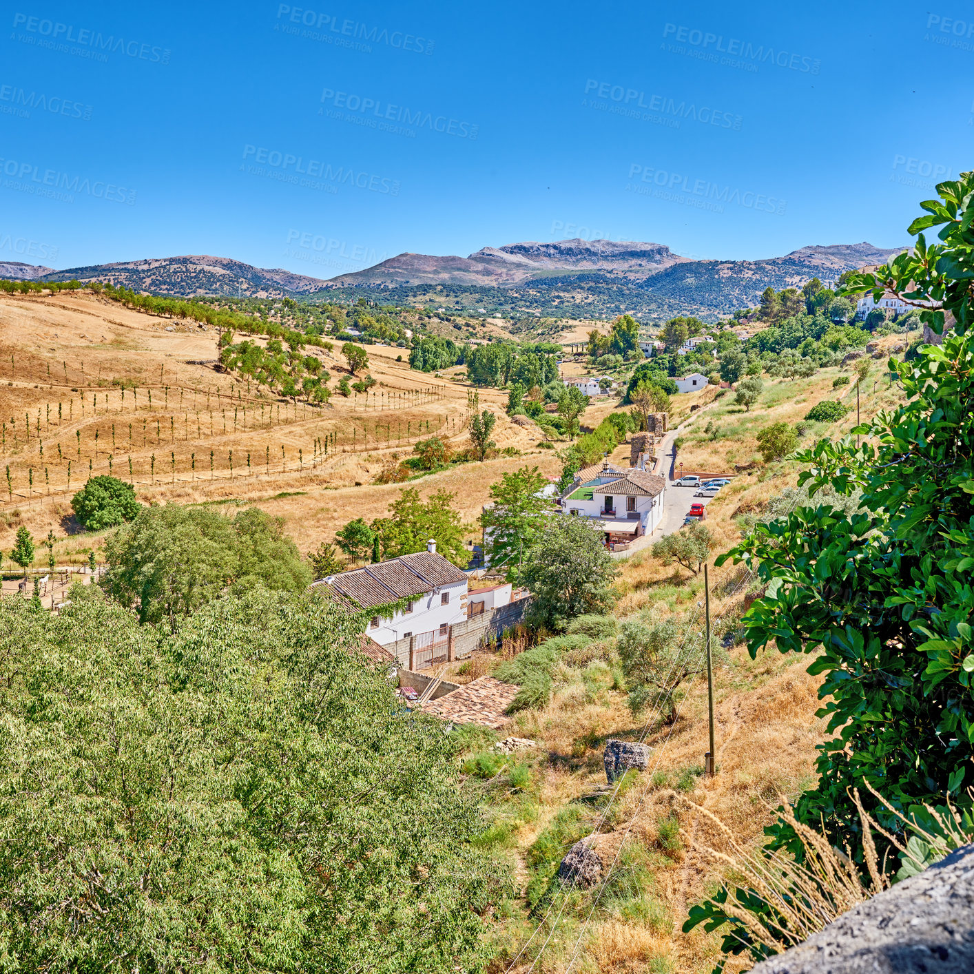 Buy stock photo Mountain, buildings and aerial of city in Spain with ancient structures, houses and property. Cityscape, architecture and landscape of town for adventure, travel destination and tourism in nature