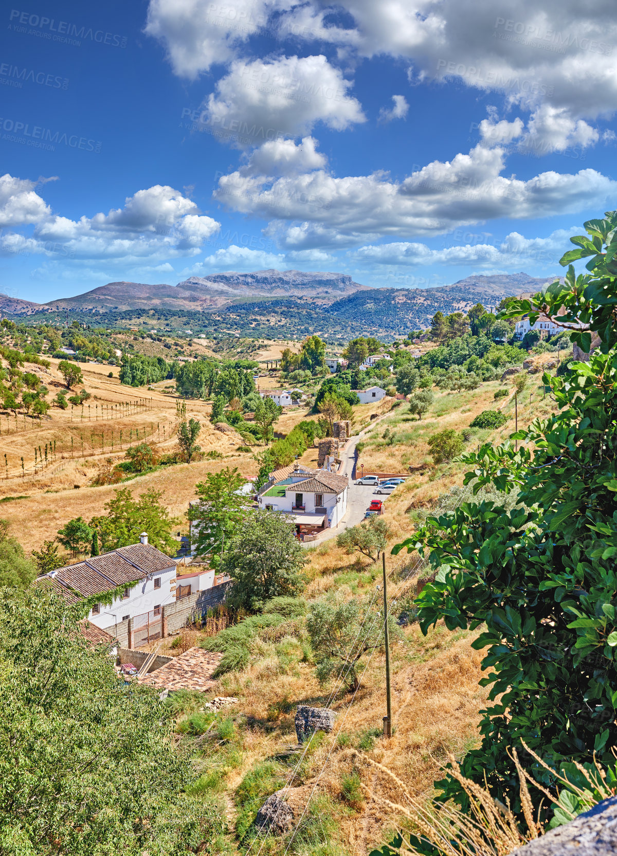 Buy stock photo Mountain, buildings and ancient town in Spain with antique structures, houses and property. Cityscape, architecture and landscape for adventure, travel destination and tourism with nature view