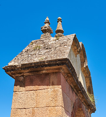 Buy stock photo Outside, building and church tower with traditional architecture as historical place of worship in Rome. Outdoor, sky and religious site for tourism, history and knowledge for Christianity and faith