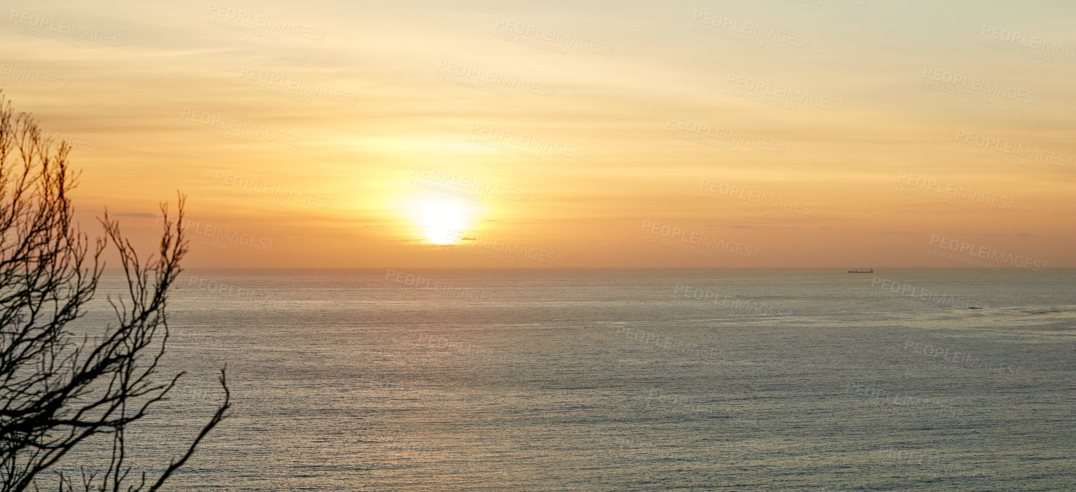 Buy stock photo Tree, sky and ocean with sunset on horizon for holiday, summer vacation or travel to Maldives. Sea water, clouds or sunrise in nature outdoor for tourism, peace or calm environment with boat on space