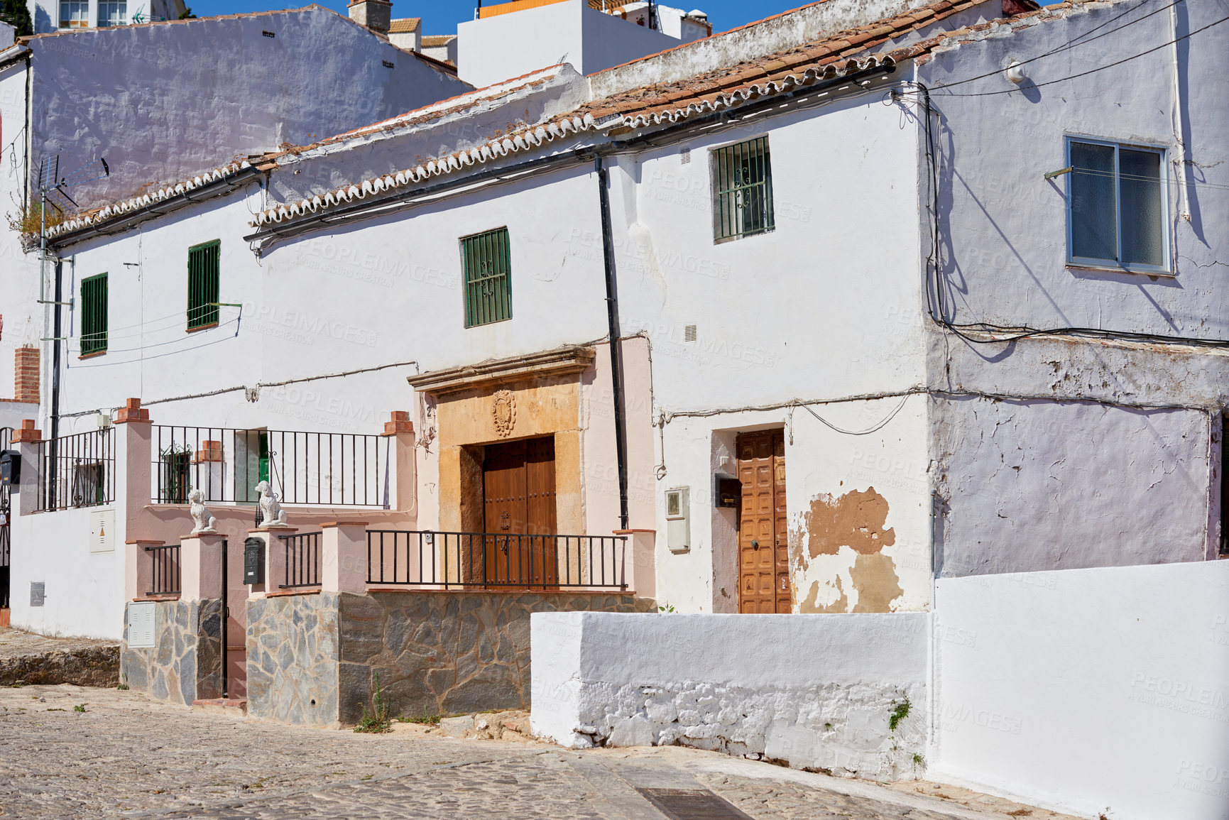 Buy stock photo Ancient, house and architecture building in town for village travel, history tourism and vintage location. Urban, real estate and abandoned for traditional culture, holiday and destination in Spain