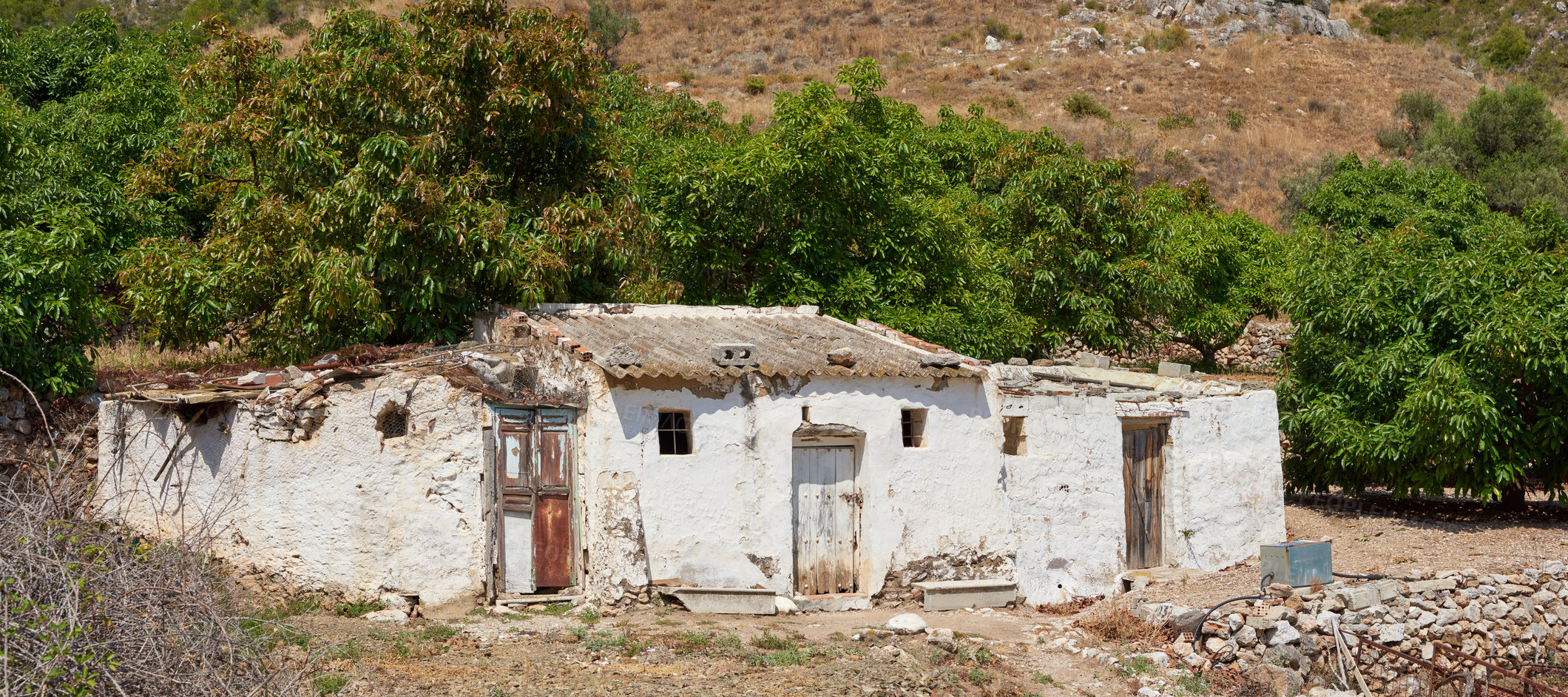 Buy stock photo Architecture, old building and abandoned house, property and grunge wall banner in spring. Vintage home, poor and countryside residence outdoor in nature at ghost town by ruins in Israel on landscape