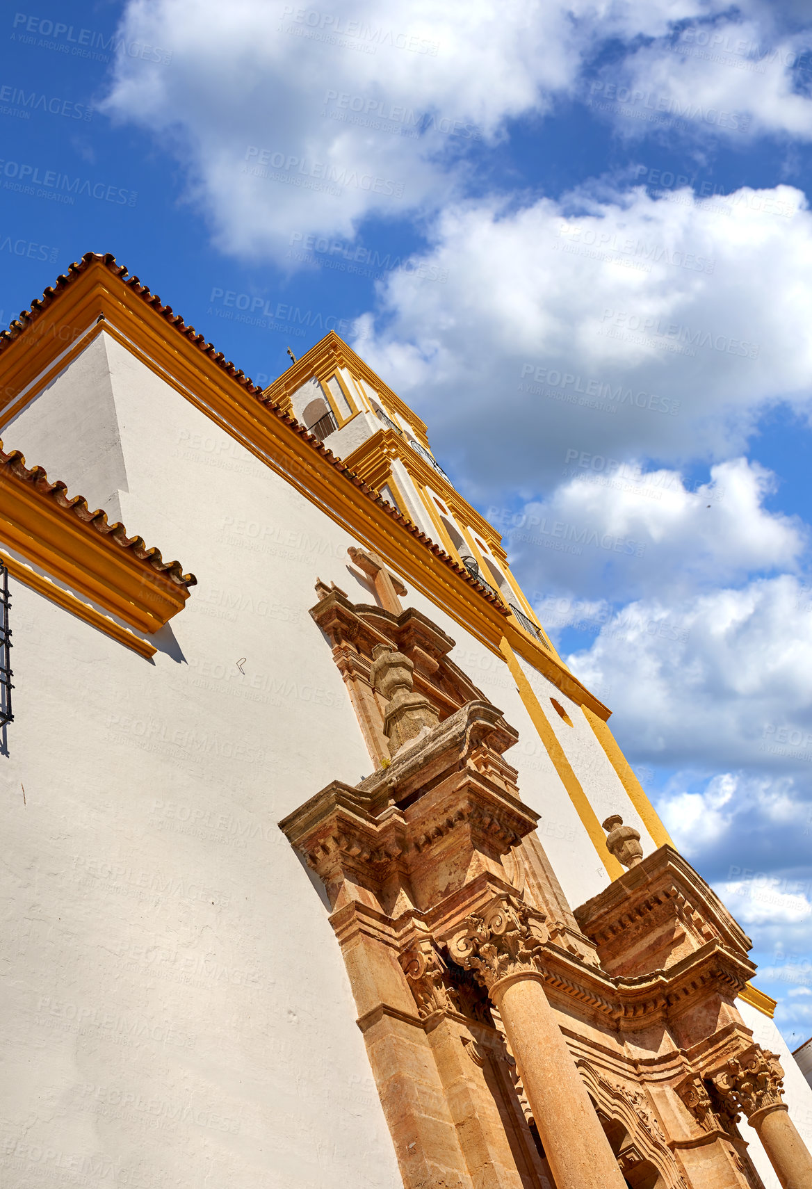 Buy stock photo Modern, building and architecture church with blue sky of ancient travel, religious location and history pilgrimage. Above, traditional design and cultural structure, catholic worship and Spain faith