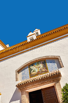 Buy stock photo Building, modern and church architecture with blue sky for  of ancient travel, religious location and history pilgrimage. Above, traditional design and cultural structure, worship christ and Spain