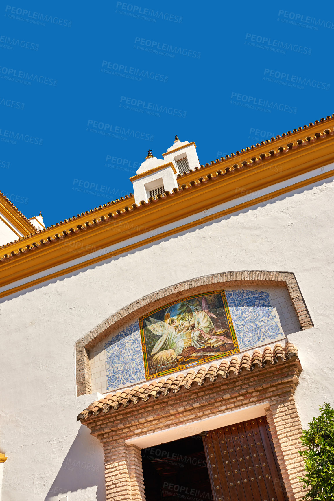 Buy stock photo Building, modern and church architecture with blue sky for  of ancient travel, religious location and history pilgrimage. Above, traditional design and cultural structure, worship christ and Spain