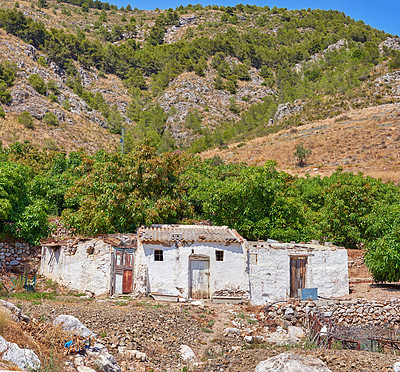 Buy stock photo Architecture, old building and abandoned house by mountain, property and grunge wall in spring. Vintage home, poor and countryside residence outdoor on hill in nature by ruins in Israel on landscape