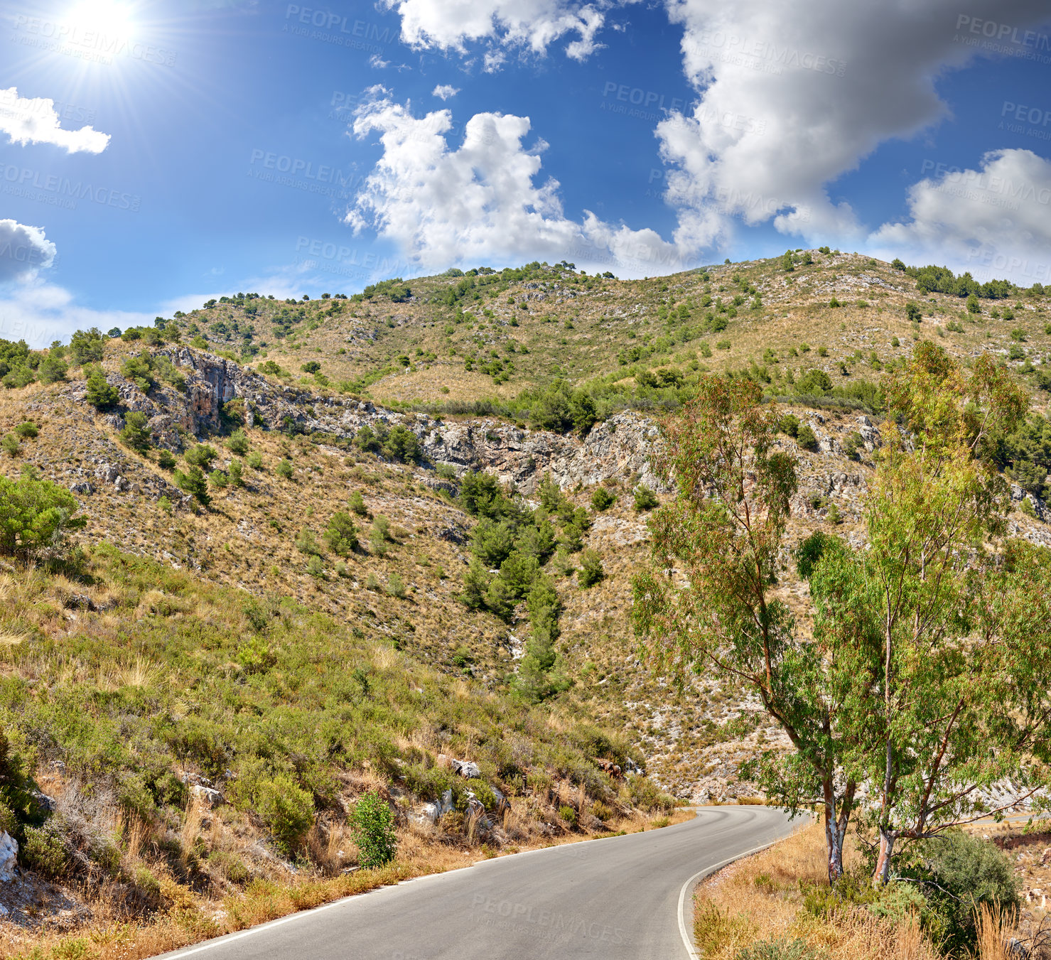 Buy stock photo Landscape, road and mountain outdoor in nature for travel, vacation or summer holiday in Italy. Hill, perspective and sky in countryside with street for journey, trip or adventure for tourism on path