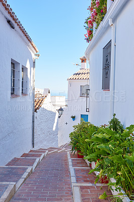 Buy stock photo Urban street, travel and alley with cobblestone, texture and background in town or city. Wallpaper, outdoor and holiday destination in neighborhood for tourism, adventure or sightseeing for journey