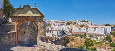 Buy stock photo Outdoor, houses and alley in town with traditional architecture in Turkey. Outside, neighborhood and corridor in village with cultural or vintage design as holiday or vacation destination for tourism