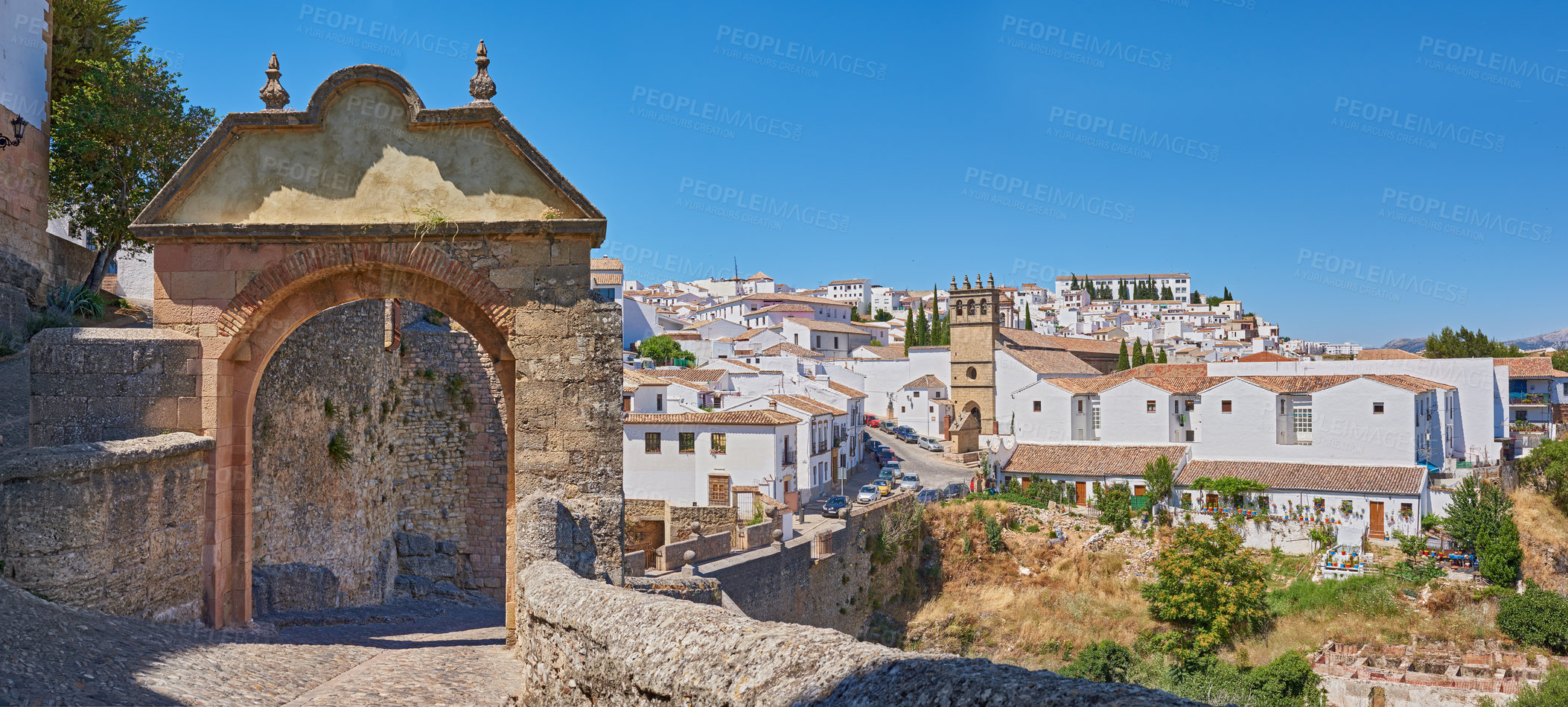 Buy stock photo Outdoor, houses and alley in town with traditional architecture in Turkey. Outside, neighborhood and corridor in village with cultural or vintage design as holiday or vacation destination for tourism