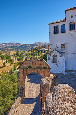 Buy stock photo Outdoor, architecture and village in nature, mountain and building of home, sky and neighbourhood. Cliff, travel and peace of countryside, property and history of real estate, scenery and Spain