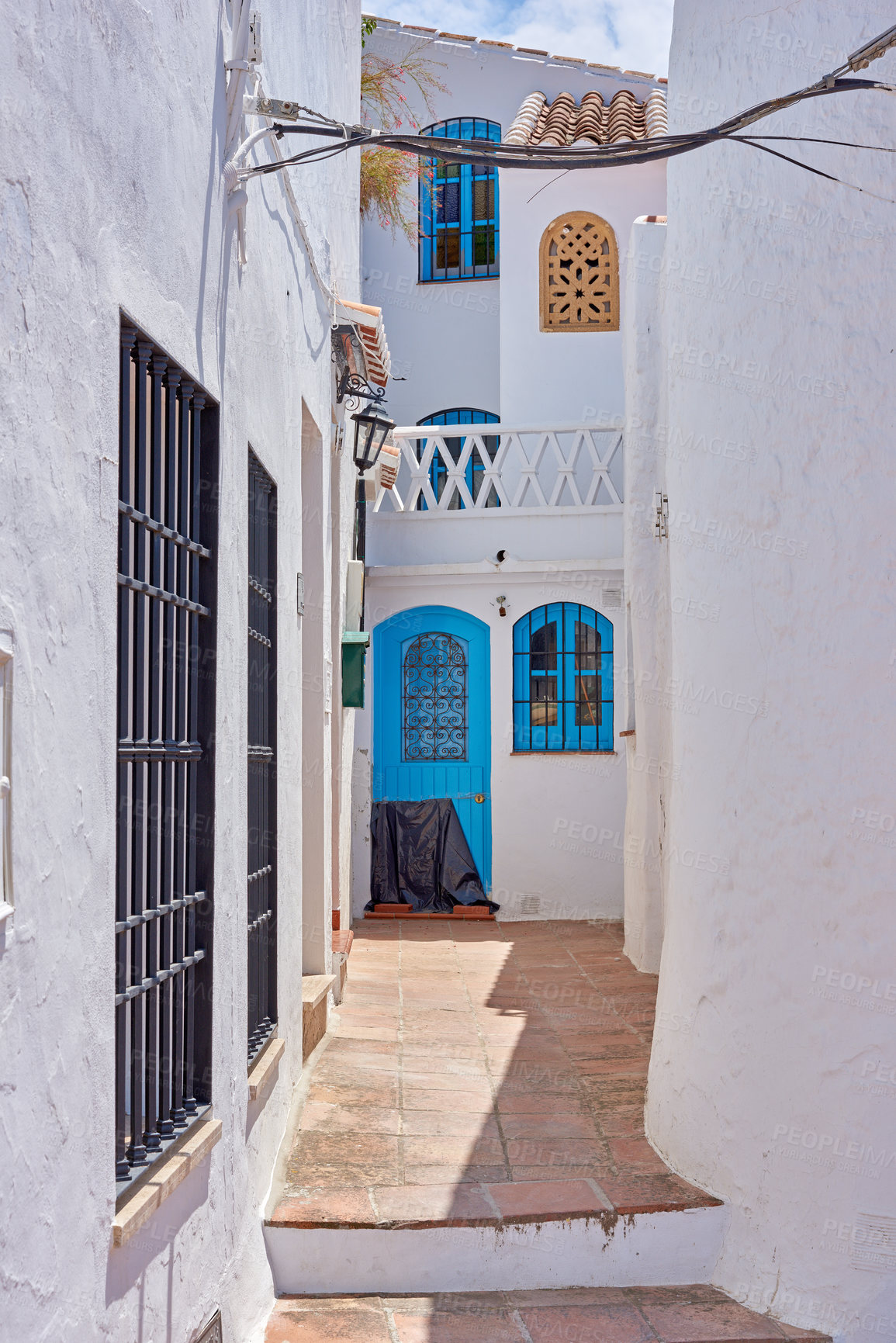 Buy stock photo Courtyard, travel and vintage with architecture as holiday destination, texture or background in town. Wallpaper, ancient and cobblestone alley in neighborhood for tourism, adventure or sightseeing