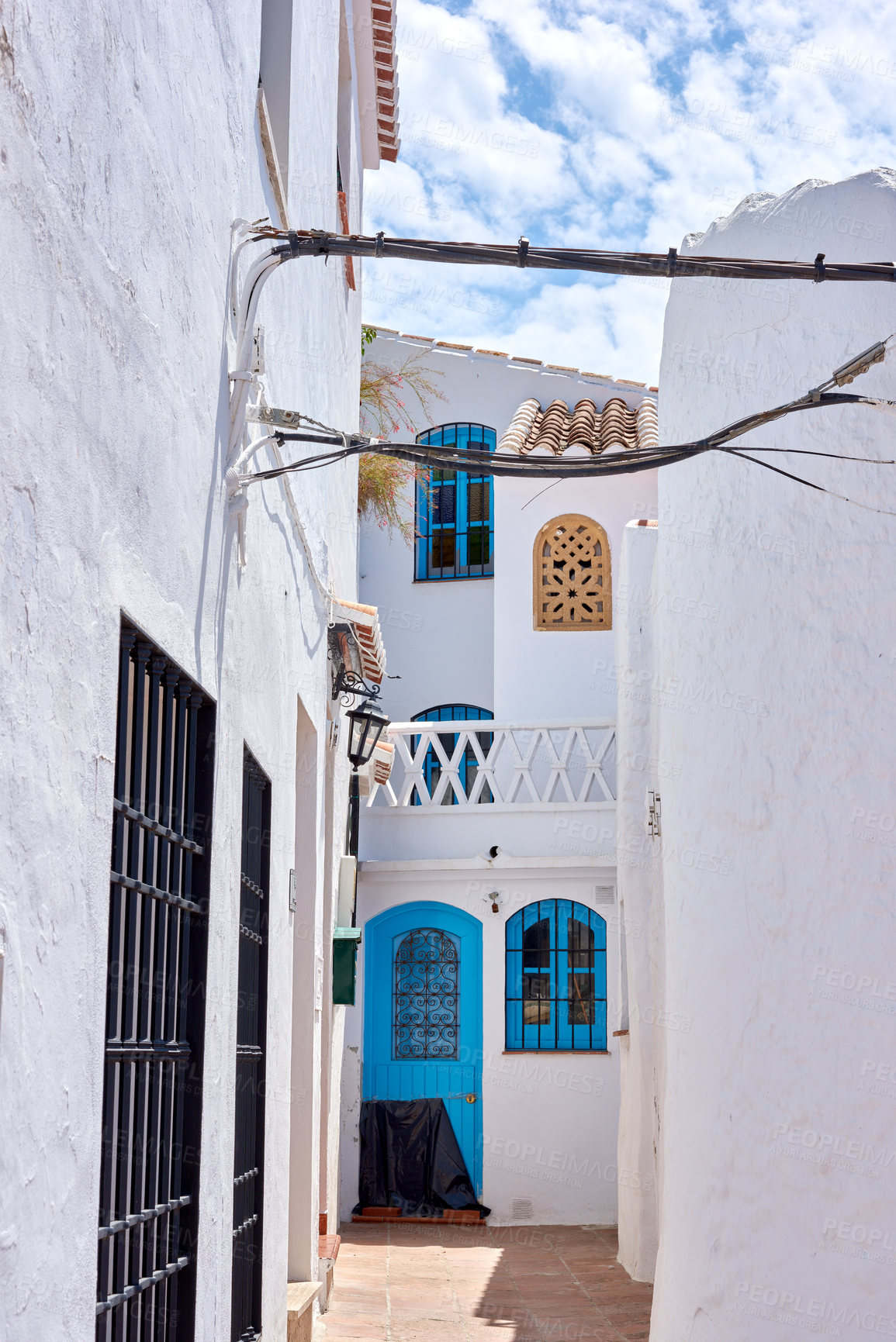 Buy stock photo Courtyard, travel and retro with architecture, texture or background in town or city. Wallpaper, vintage and cobblestone alley in holiday destination for tourism, adventure or sightseeing for journey
