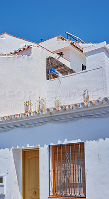 Buy stock photo House, buildings and architecture in ancient city of holiday, wall structure and travel location of tourism. Vintage, property and fence, balcony view and blue sky with history culture of Spain villa